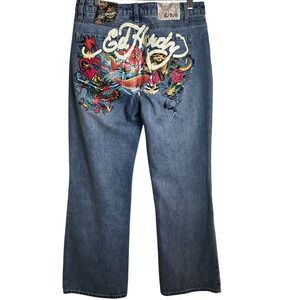 Ed Hardy Baggy‎ Jeans Women 30 Tattoo Dragon Koi Snake Floral Art Wide Leg
